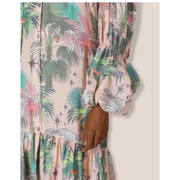 LoboRosa Pink Floral Puff Sleeve Palms Button Front Up Dress Size Large - Picture 8 of 16